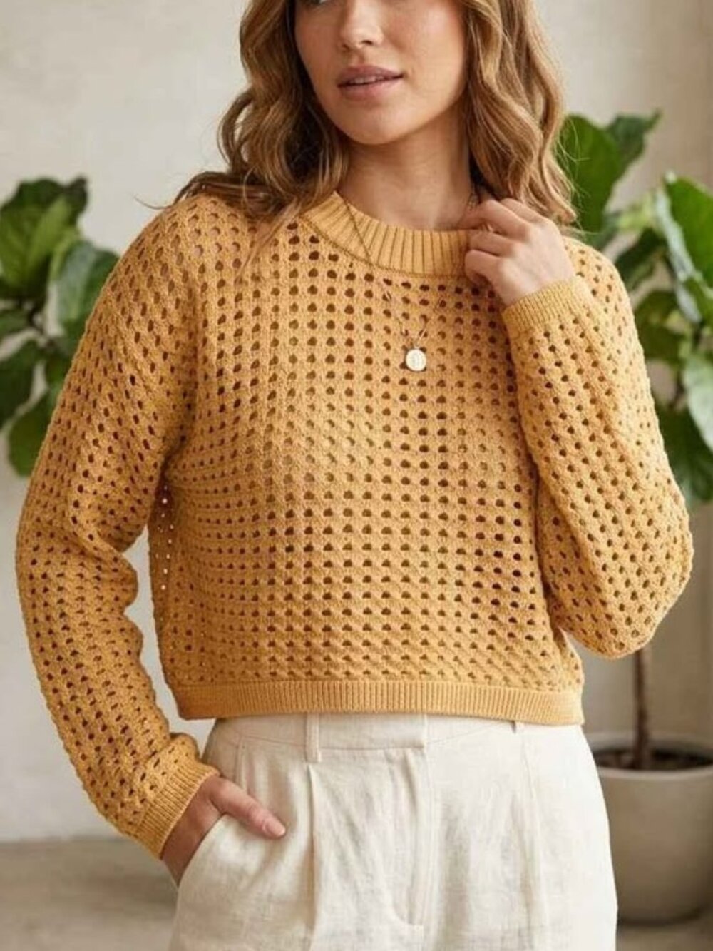 H&M Cropped Open Knit Crochet Sweater Mustard Yellow Size Medium, NWOT